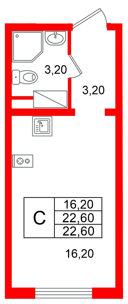 Квартира в ЖК «Ручьи–2», студия, 22.6 м², 13 этаж