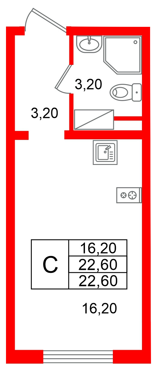 Квартира в ЖК «Ручьи–2», студия, 22.6 м², 9 этаж
