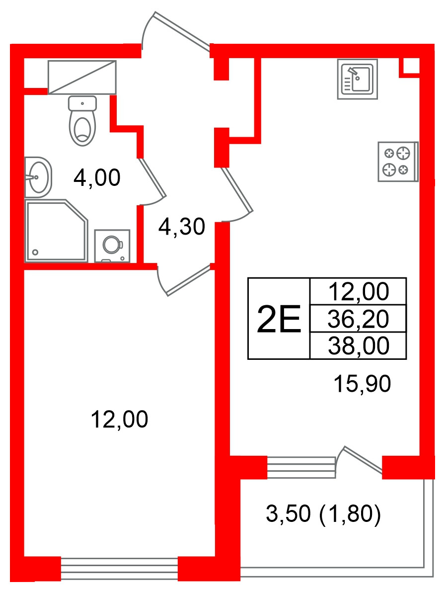 Квартира в ЖК «Ручьи–2», 1 комнатная, 38 м², 4 этаж