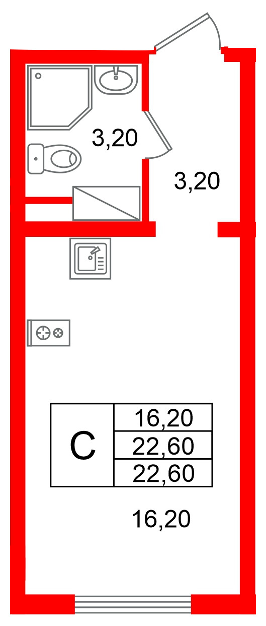 Квартира в ЖК «Ручьи–2», студия, 22.6 м², 17 этаж