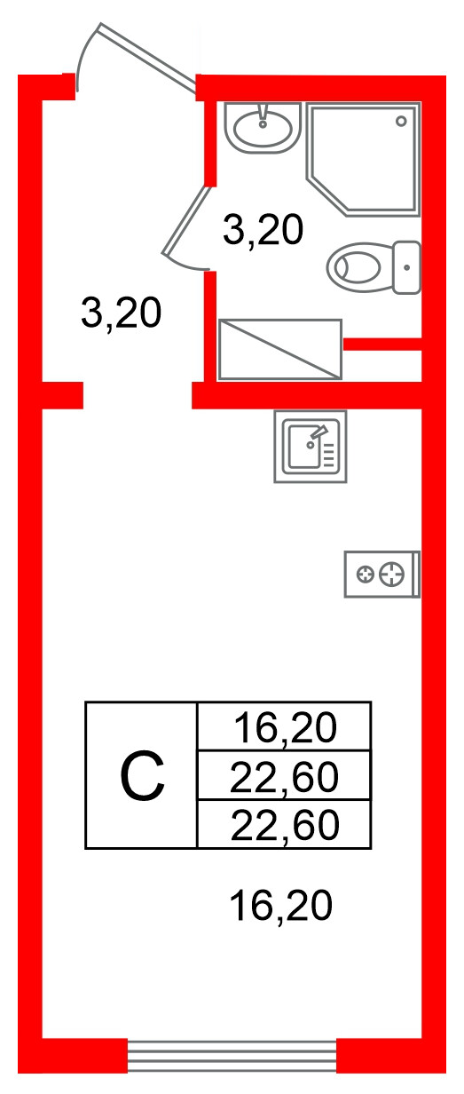 Квартира в ЖК «Ручьи–2», студия, 22.6 м², 17 этаж