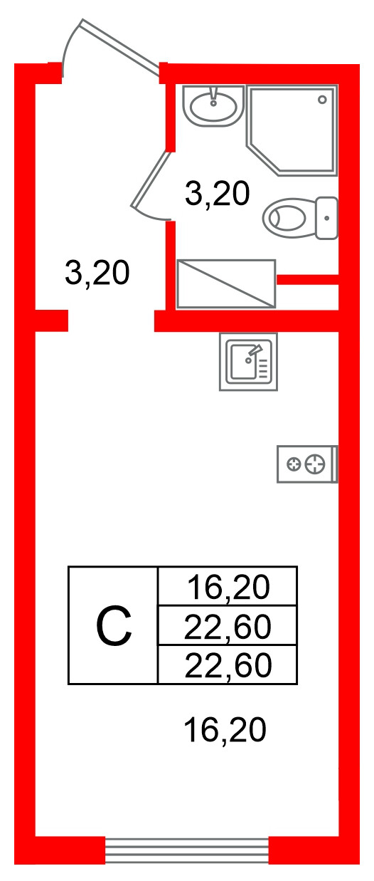 Квартира в ЖК «Ручьи–2», студия, 22.6 м², 17 этаж