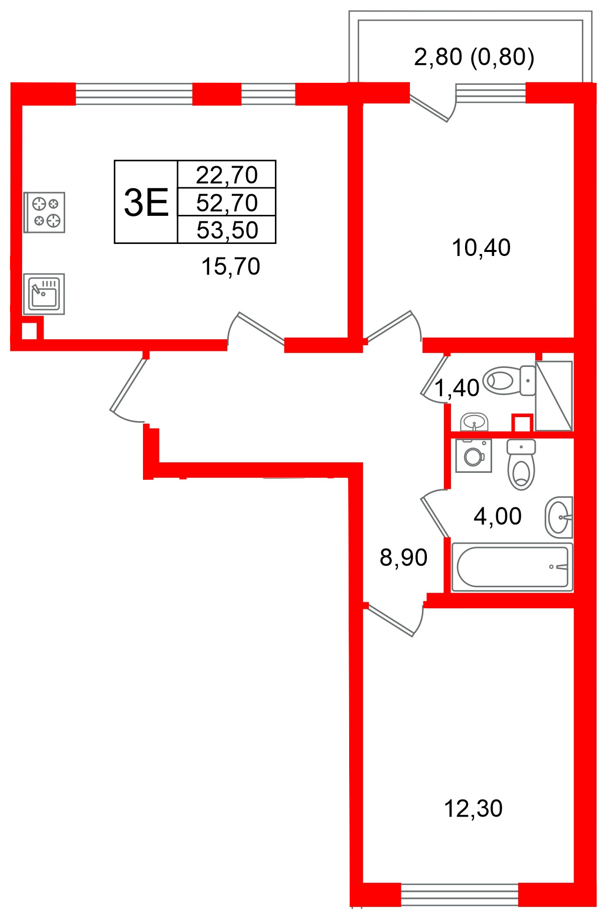 Квартира в ЖК «Ручьи–2», 2 комнатная, 53.5 м², 17 этаж