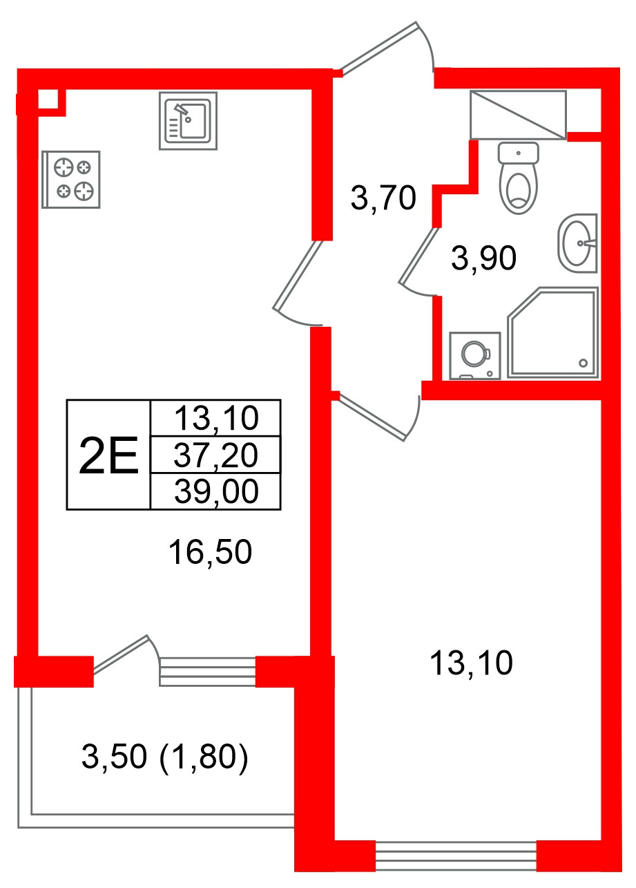 Квартира в ЖК «Ручьи–2», 1 комнатная, 39 м², 17 этаж