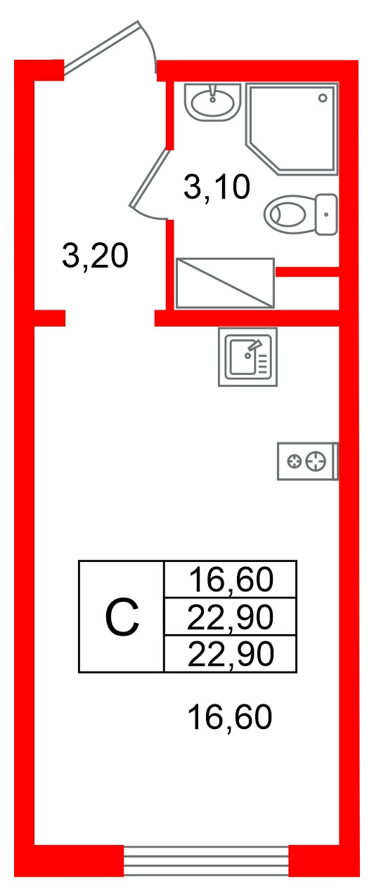 Квартира в ЖК «Ручьи–2», студия, 22.9 м², 6 этаж