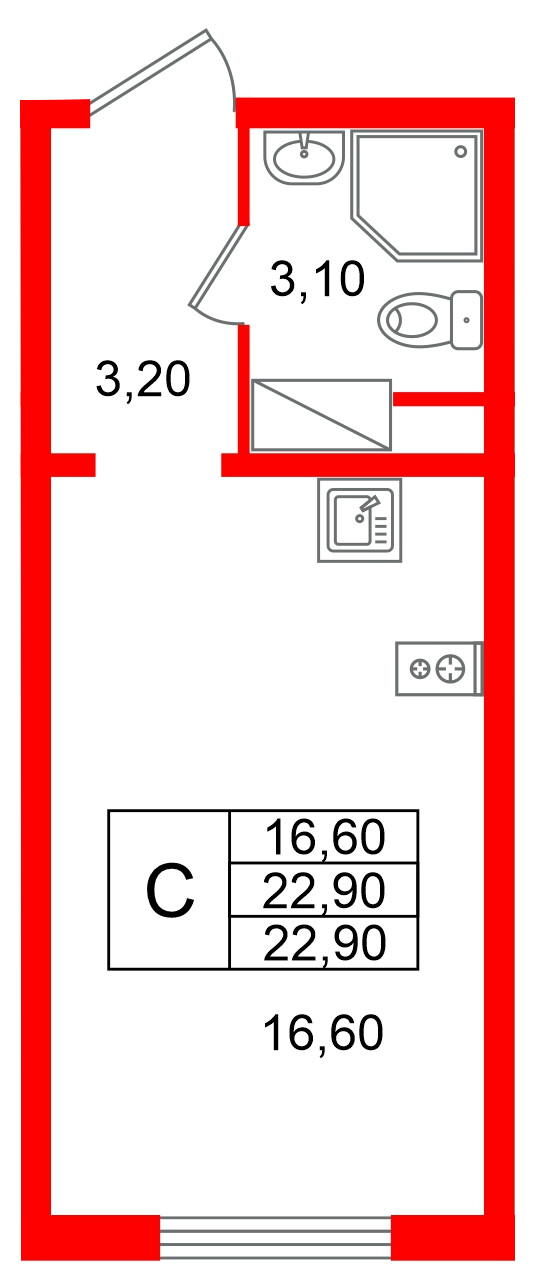 Квартира в ЖК «Ручьи–2», студия, 22.9 м², 8 этаж