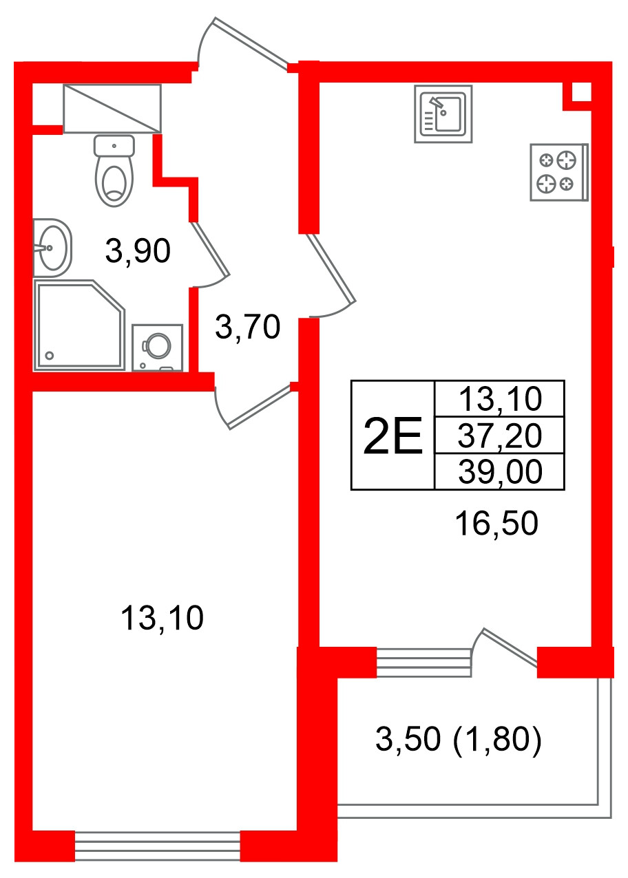 Квартира в ЖК «Ручьи–2», 1 комнатная, 39 м², 13 этаж