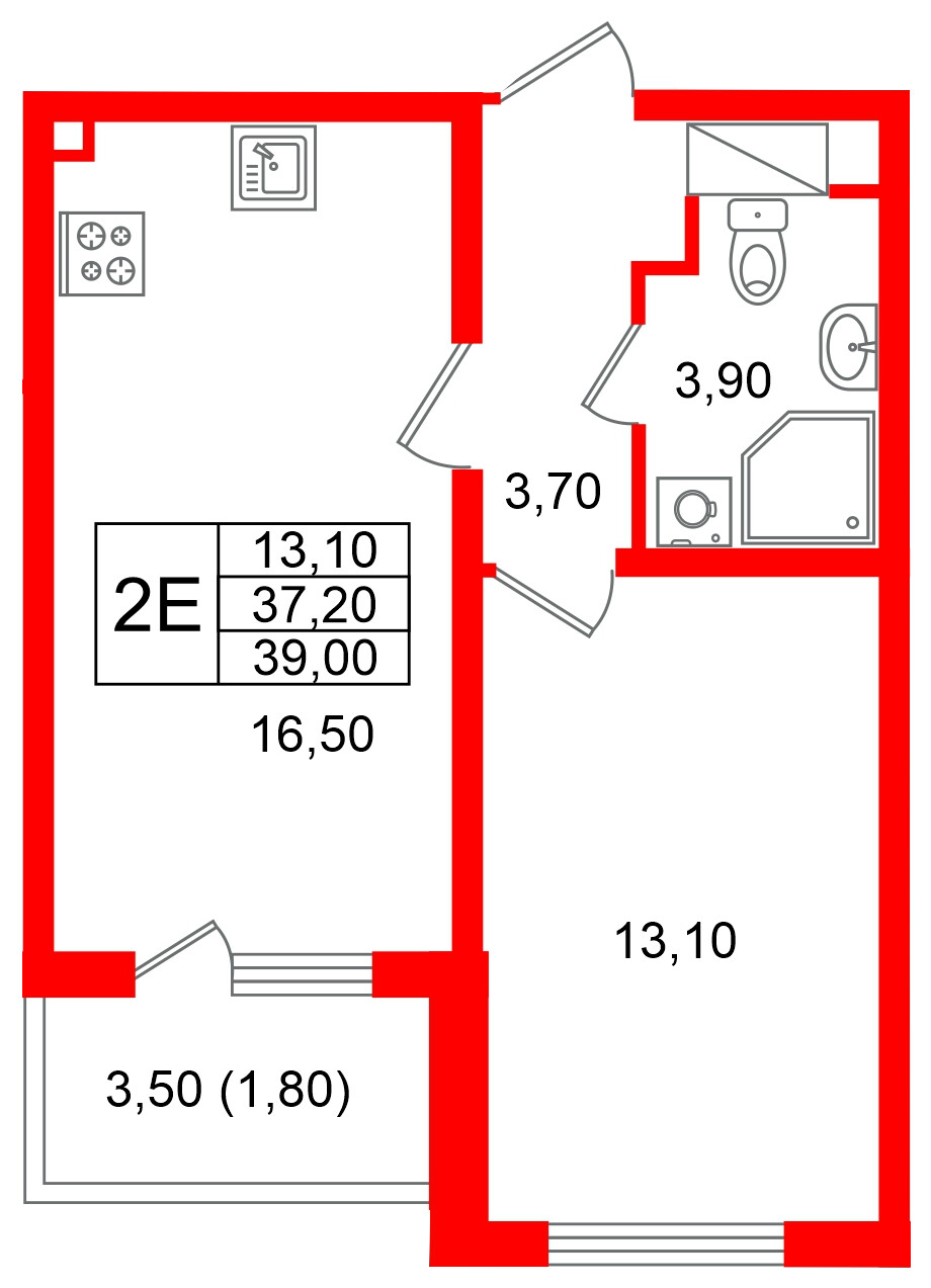 Квартира в ЖК «Ручьи–2», 1 комнатная, 39 м², 16 этаж
