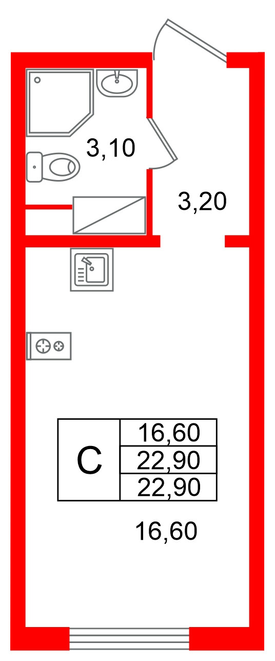 Квартира в ЖК «Ручьи–2», студия, 22.9 м², 12 этаж