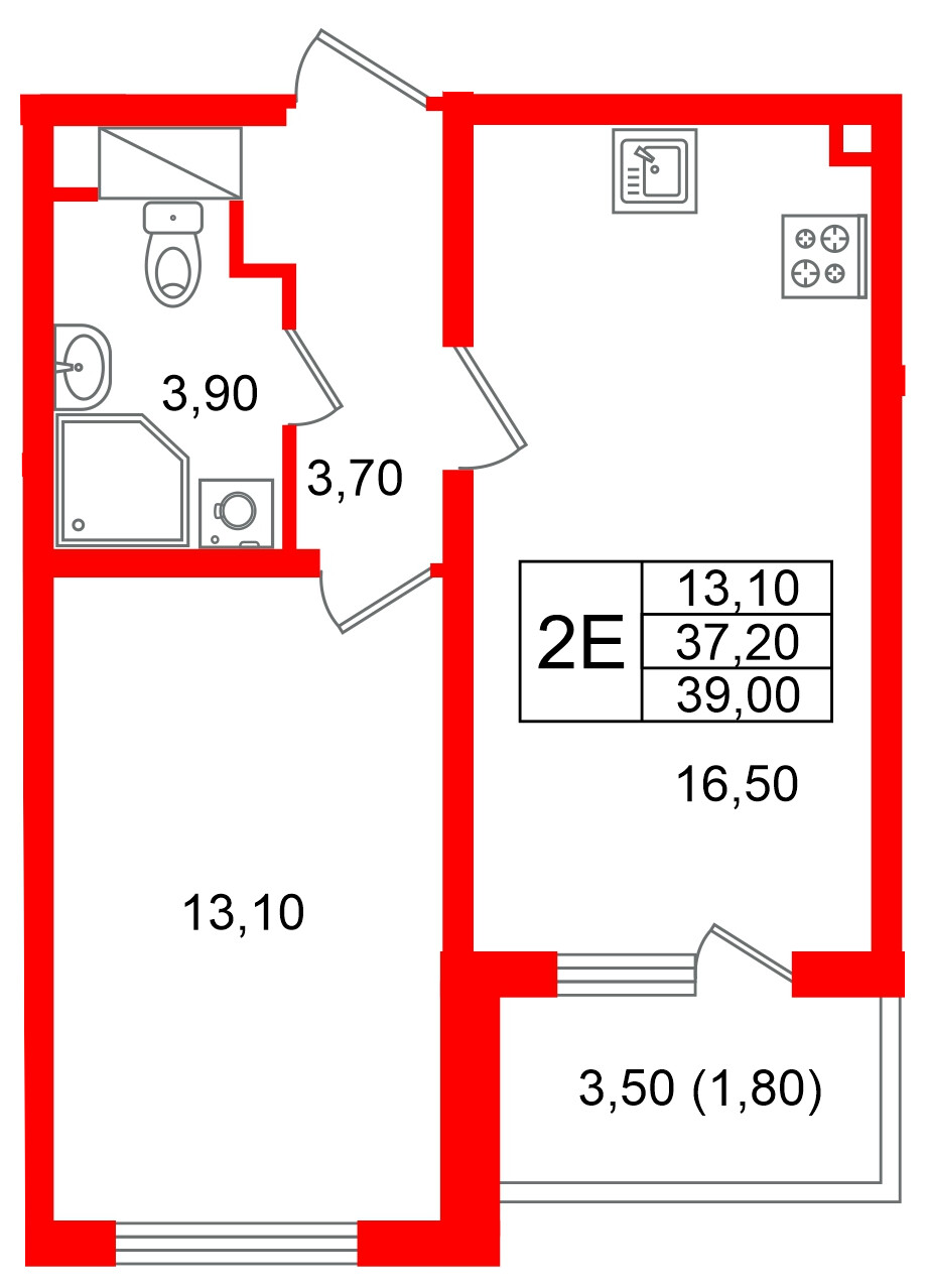 Квартира в ЖК «Ручьи–2», 1 комнатная, 39 м², 9 этаж
