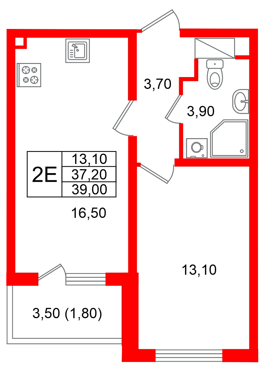 Квартира в ЖК «Ручьи–2», 1 комнатная, 39 м², 8 этаж