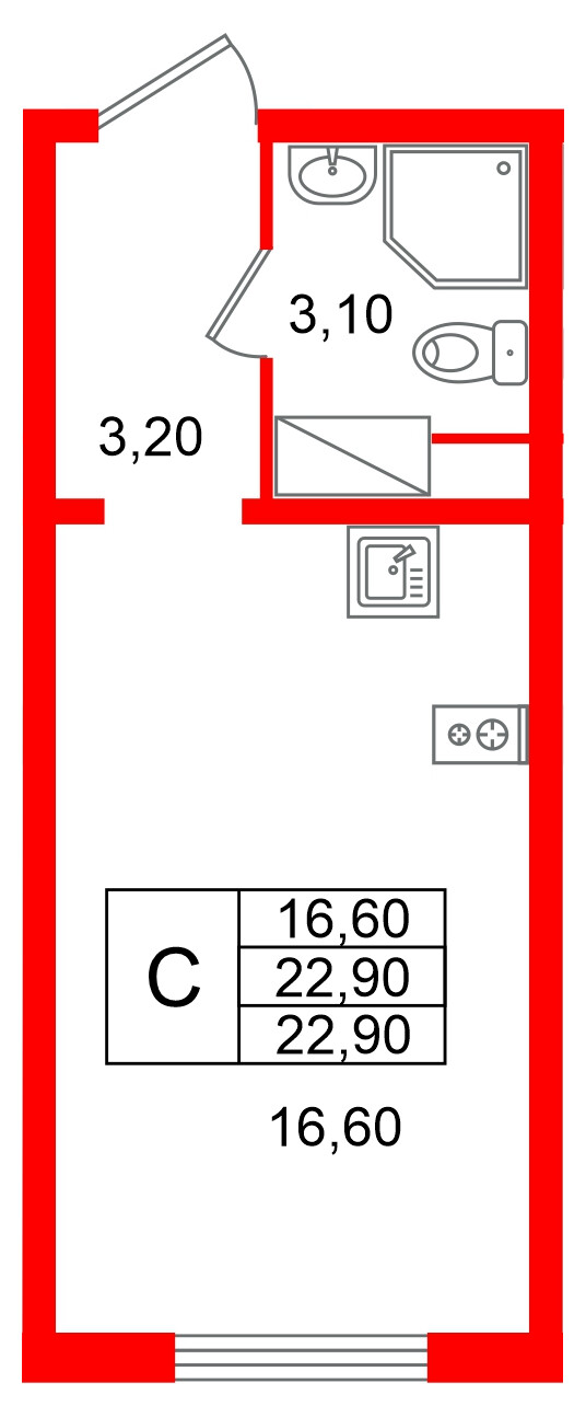 Квартира в ЖК «Ручьи–2», студия, 22.9 м², 16 этаж