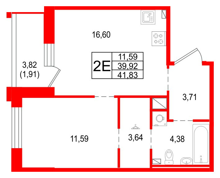 Квартира в ЖК Сезоны, 1 комнатная, 41.83 м², 6 этаж