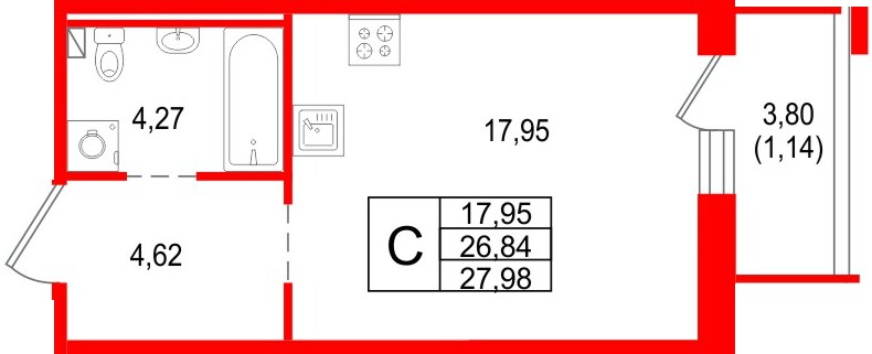 Планировка — Студия квартира, 28,0 м² в ЖК «Сезоны»