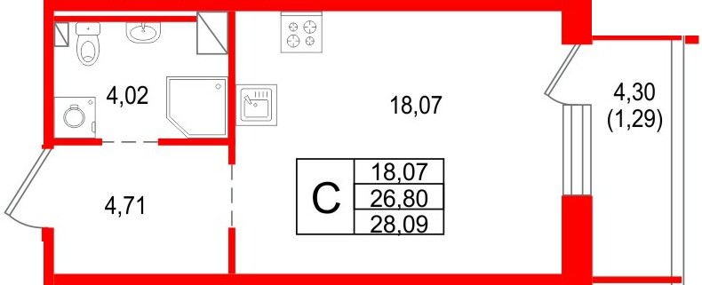 Планировка — Студия квартира, 28,1 м² в ЖК «Сезоны»