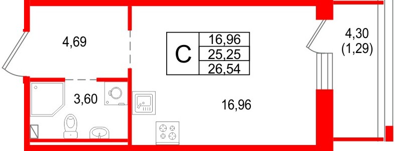 Планировка — Студия квартира, 26,5 м² в ЖК «Сезоны»