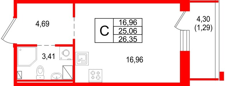 Планировка — Студия квартира, 26,4 м² в ЖК «Сезоны»