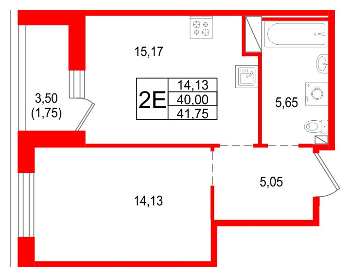 Квартира в ЖК «Сезоны», 1 комнатная, 41.75 м², 14 этаж