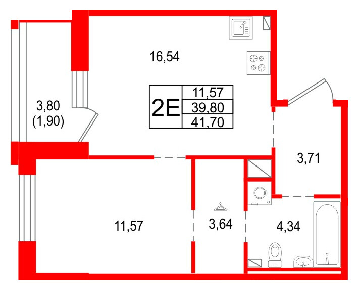 Квартира в ЖК «Сезоны», 1 комнатная, 41.7 м², 2 этаж