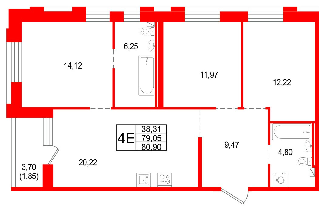 Квартира в ЖК «Сезоны», 3 комнатная, 80.9 м², 1 этаж
