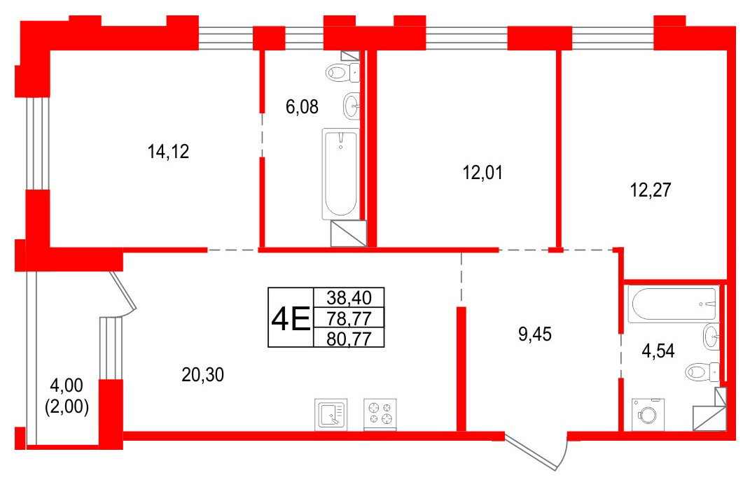 Квартира в ЖК «Сезоны», 3 комнатная, 80.77 м², 5 этаж