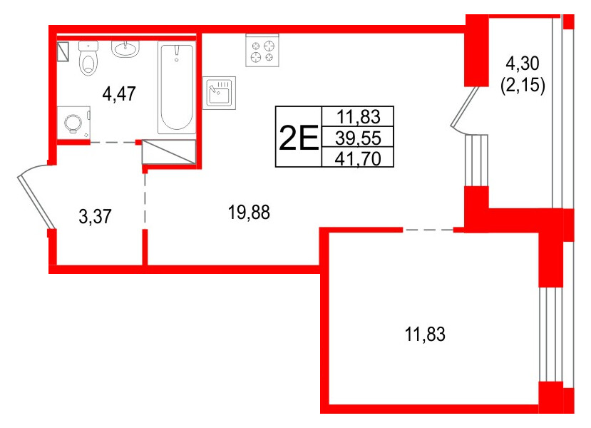 Квартира в ЖК «Сезоны», 1 комнатная, 41.7 м², 17 этаж