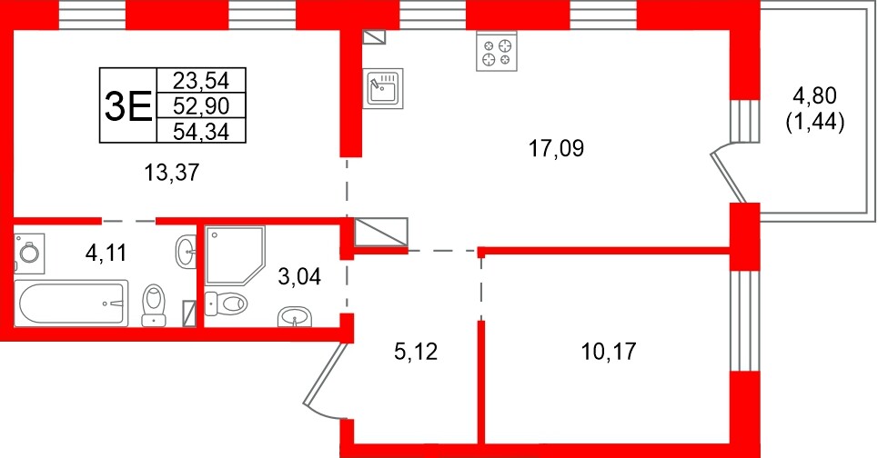 Квартира в ЖК «Сезоны», 2 комнатная, 54.34 м², 2 этаж