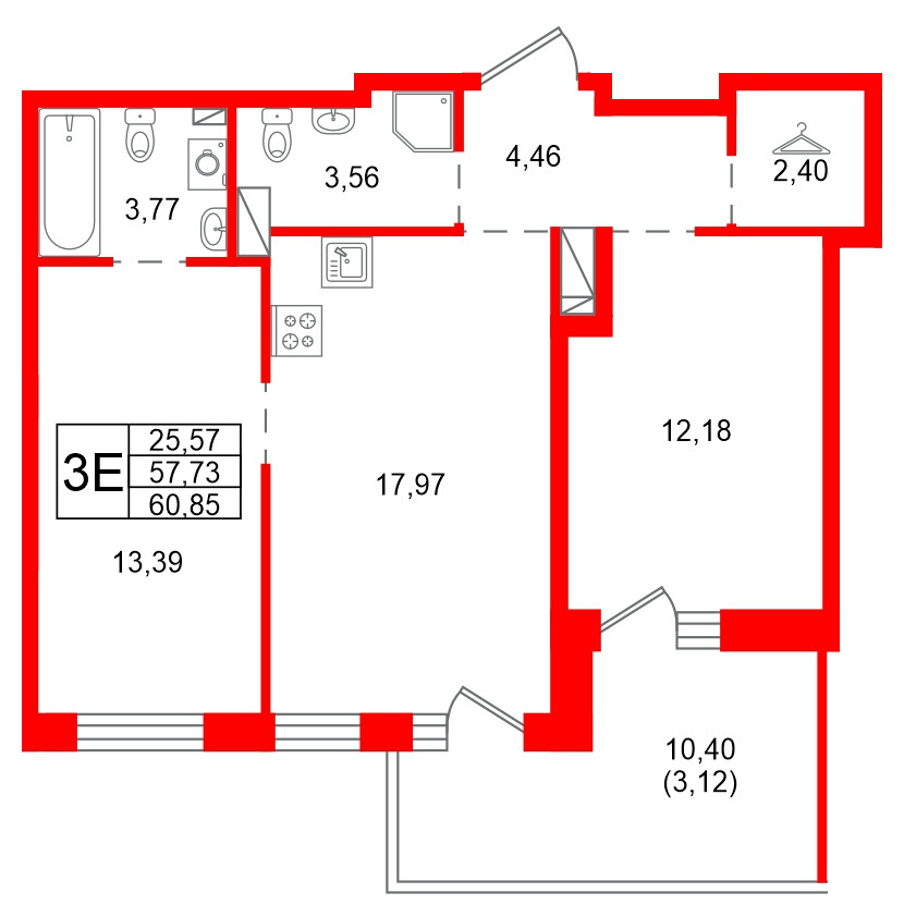 Квартира в ЖК «Сезоны», 2 комнатная, 60.85 м², 7 этаж