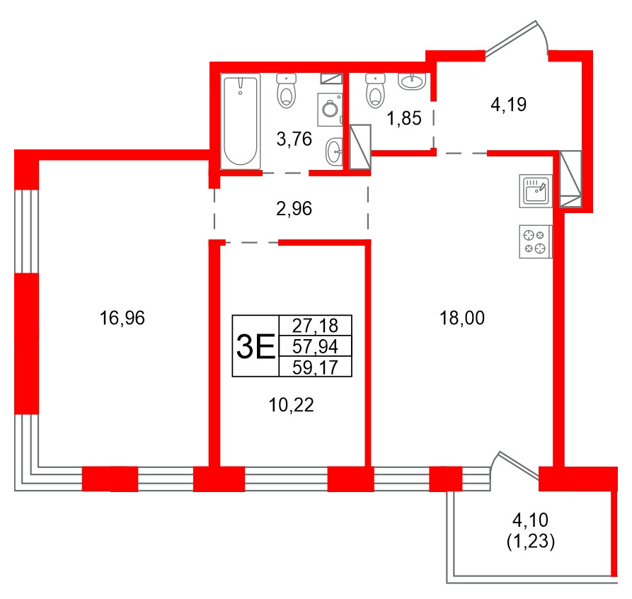 Квартира в ЖК «Сезоны», 2 комнатная, 59.17 м², 2 этаж