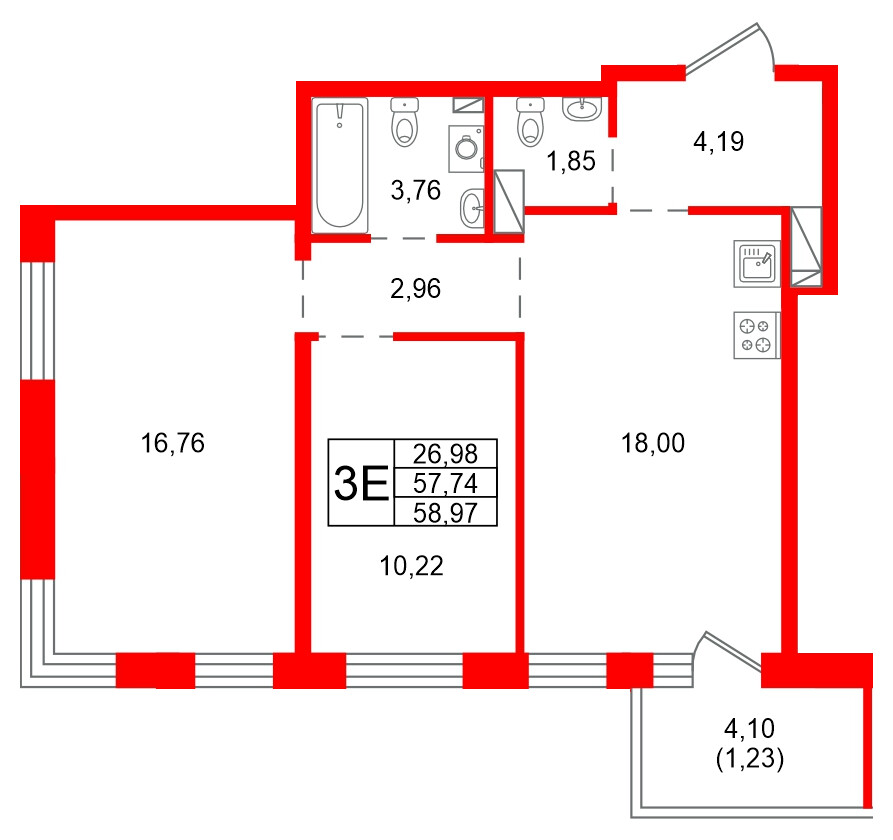 Квартира в ЖК «Сезоны», 2 комнатная, 58.97 м², 5 этаж
