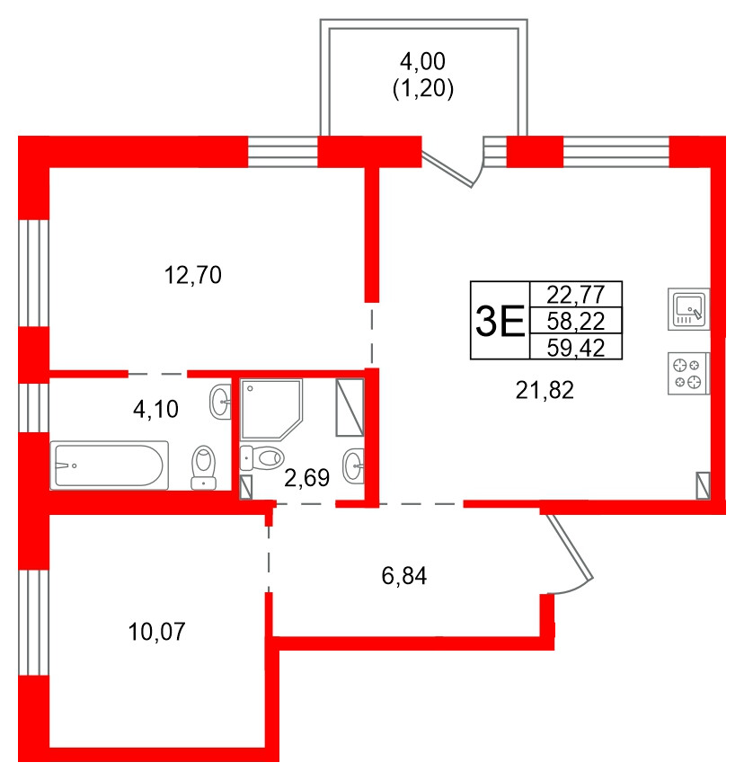 Квартира в ЖК «Сезоны», 2 комнатная, 59.42 м², 4 этаж