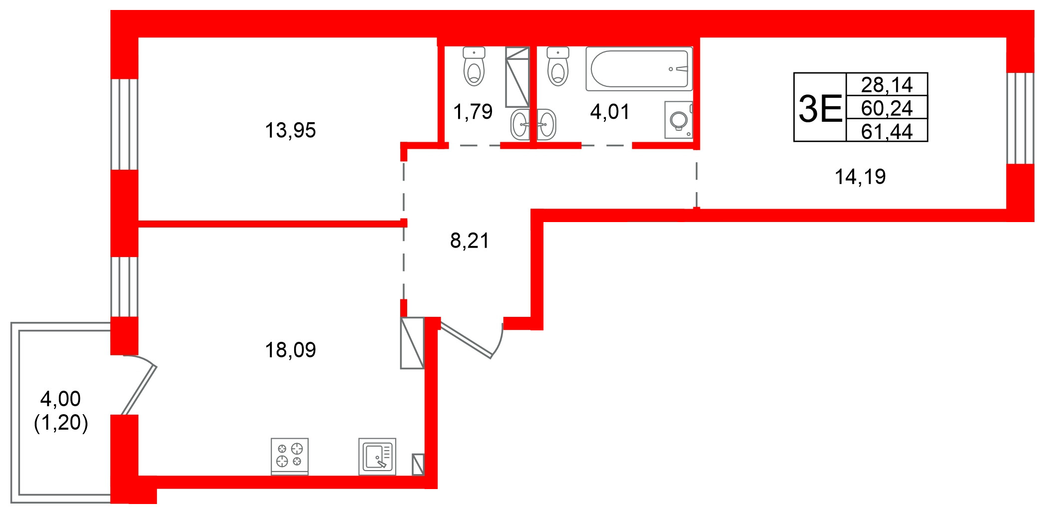 Квартира в ЖК «Сезоны», 2 комнатная, 61.44 м², 2 этаж
