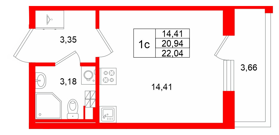 Квартира в ЖК «Универ Сити», студия, 20.94 м², 4 этаж