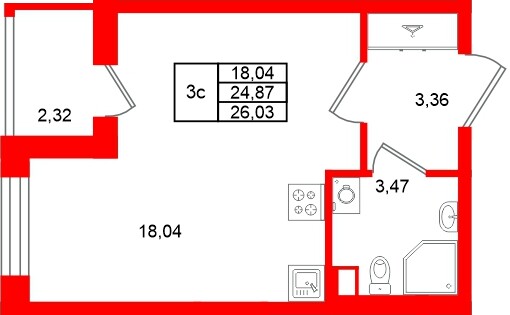 Планировка — Студия квартира, 24,9 м² в ЖК «Универ Сити»