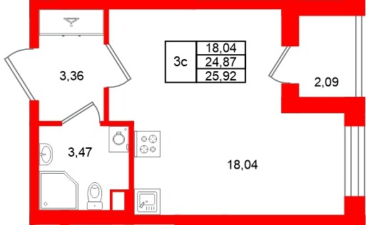 Планировка — Студия квартира, 24,9 м² в ЖК «Универ Сити»