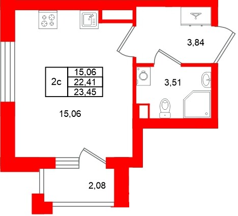 Планировка — Студия квартира, 22,4 м² в ЖК «Универ Сити»