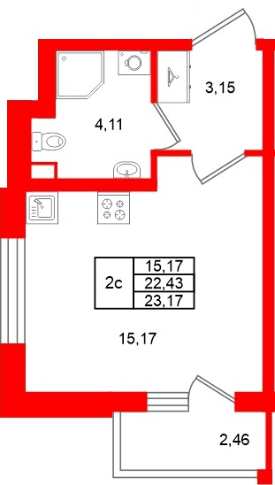 Планировка — Студия квартира, 22,4 м² в ЖК «Универ Сити»