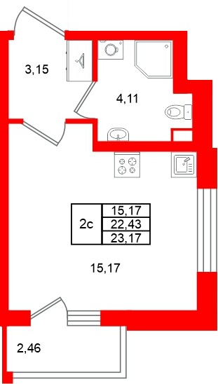 Планировка — Студия квартира, 22,4 м² в ЖК «Универ Сити»