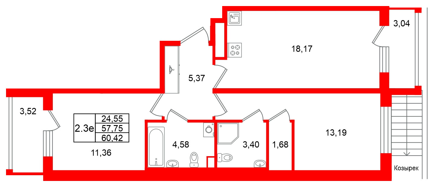 Квартира в ЖК Универ Сити, 2 комнатная, 57.75 м², 1 этаж