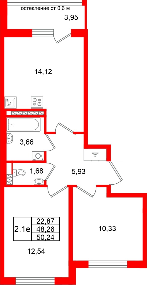 Квартира в ЖК Универ Сити, 2 комнатная, 48.26 м², 4 этаж