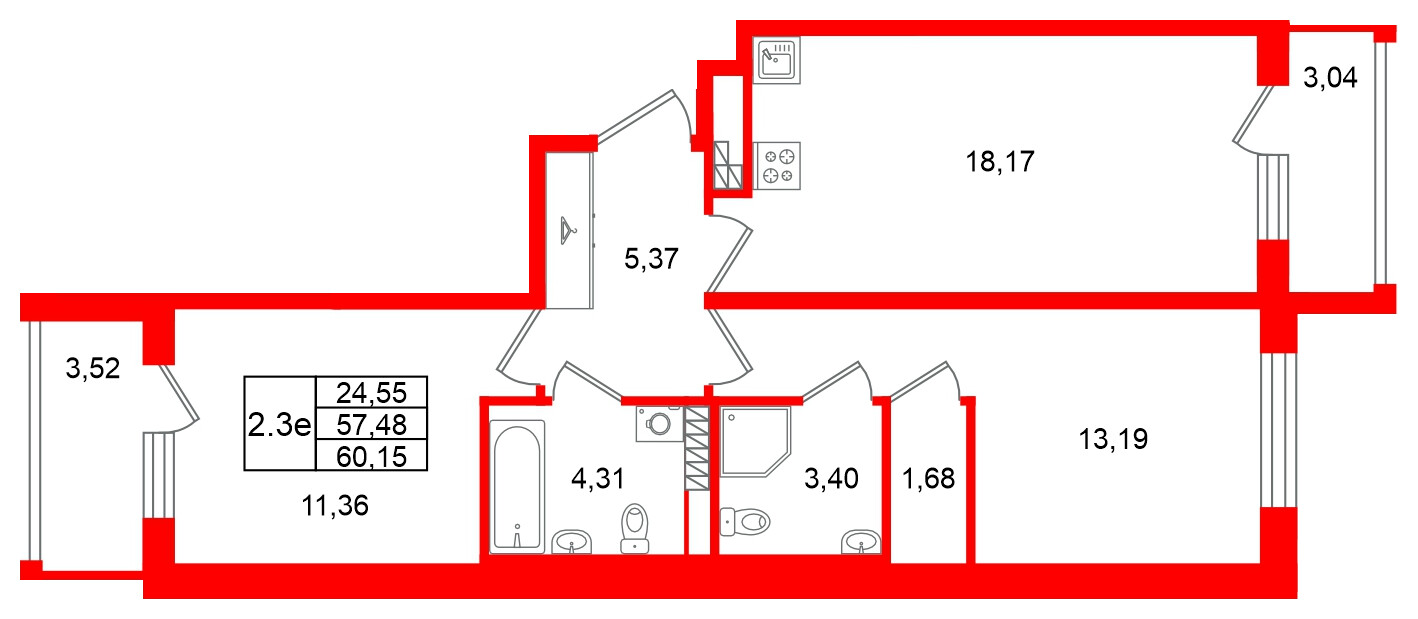 Квартира в ЖК Универ Сити, 2 комнатная, 57.48 м², 4 этаж