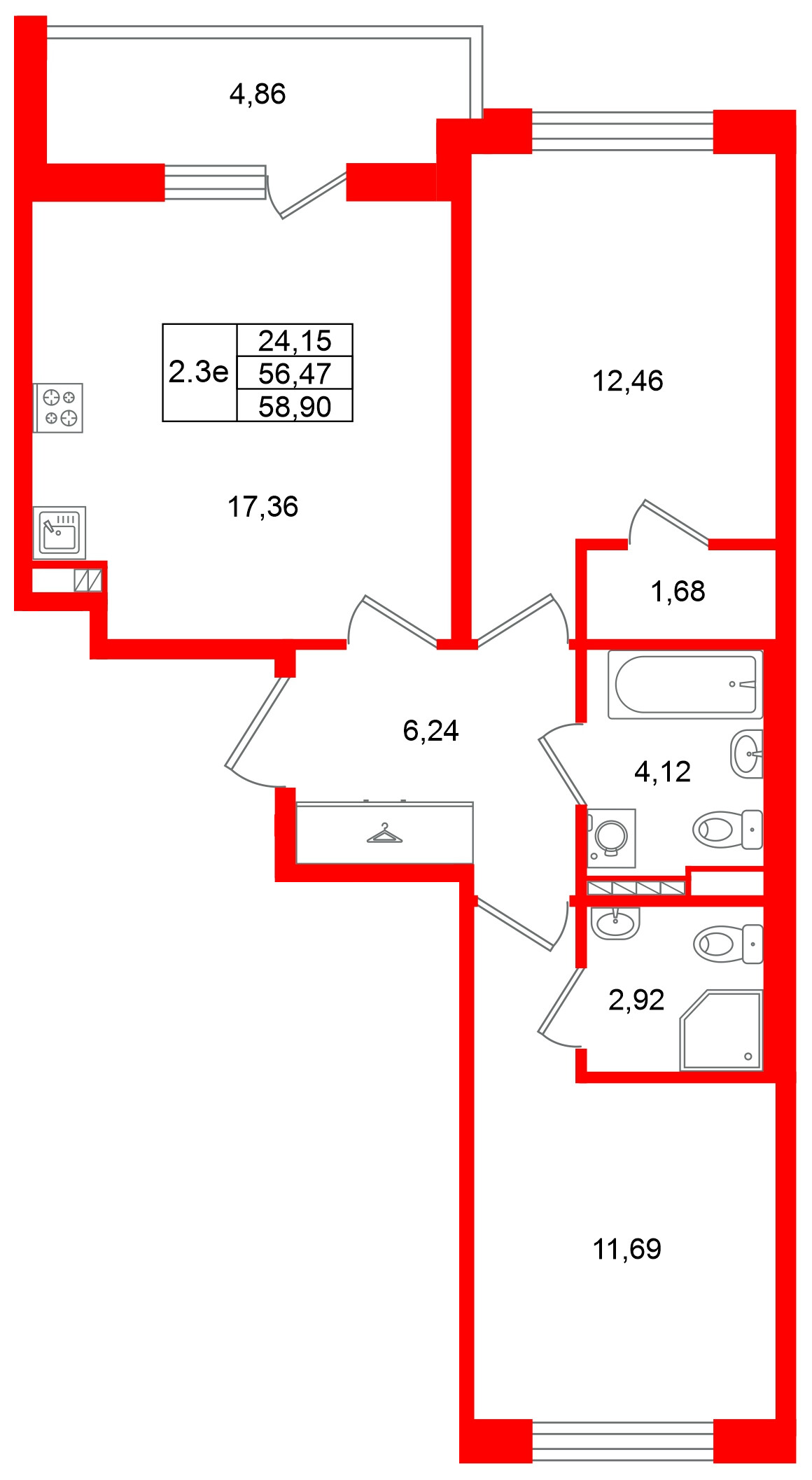 Квартира в ЖК Универ Сити, 2 комнатная, 56.47 м², 4 этаж