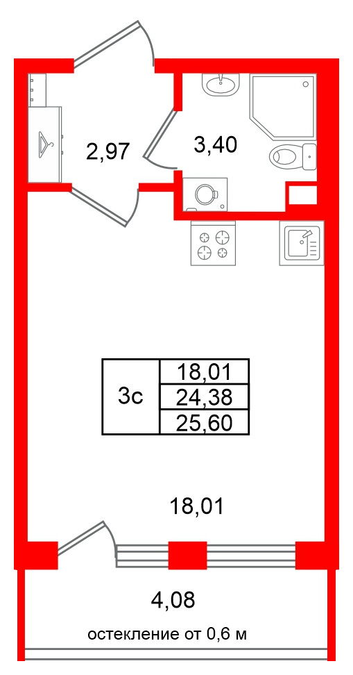 Квартира в ЖК «Универ Сити», студия, 24.38 м², 2 этаж