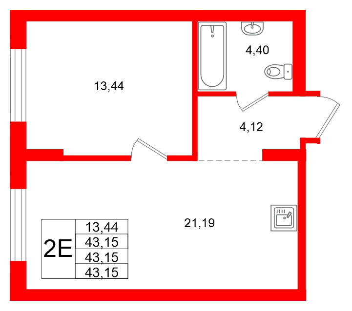 Квартира в ЖК «Брусника в Новоселье», 1 комнатная, 43.15 м², 2 этаж