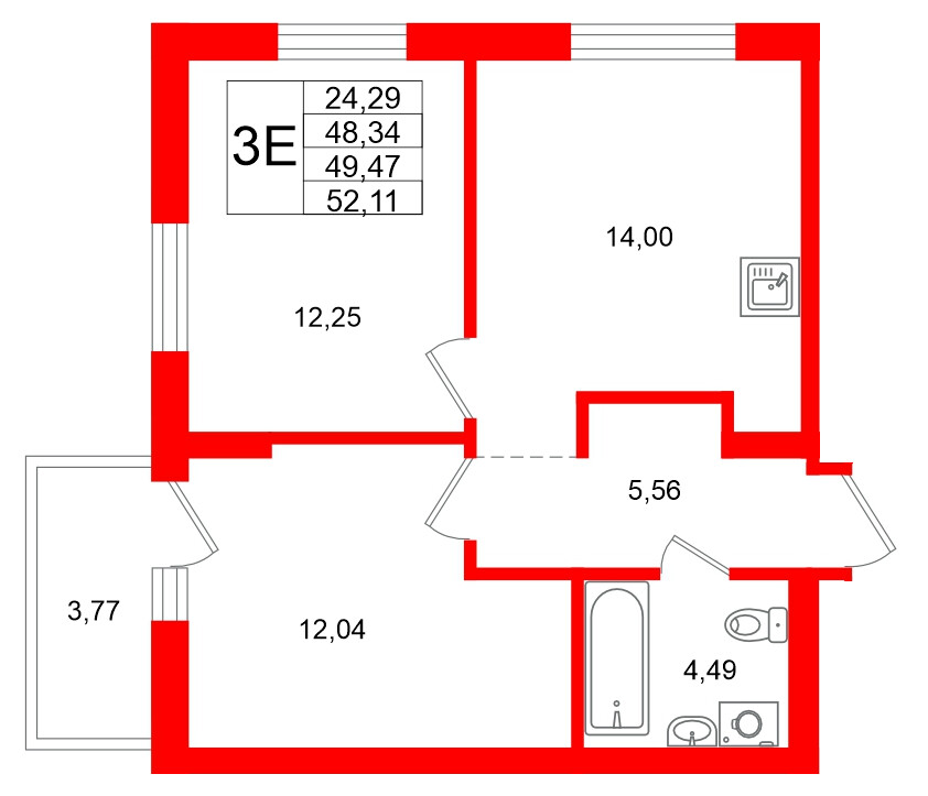 Квартира в ЖК Брусника в Новоселье, 2 комнатная, 52.11 м², 6 этаж