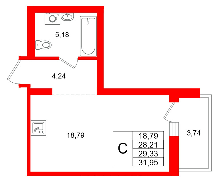 Квартира в ЖК Брусника в Новоселье, студия, 31.95 м², 6 этаж