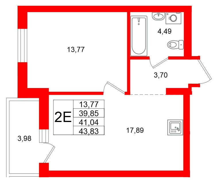 Квартира в ЖК «Брусника в Новоселье», 1 комнатная, 43.83 м², 6 этаж