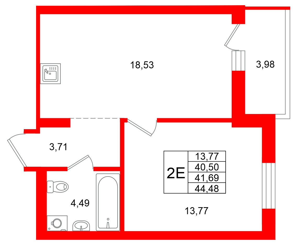 Квартира в ЖК «Брусника в Новоселье», 1 комнатная, 44.48 м², 6 этаж