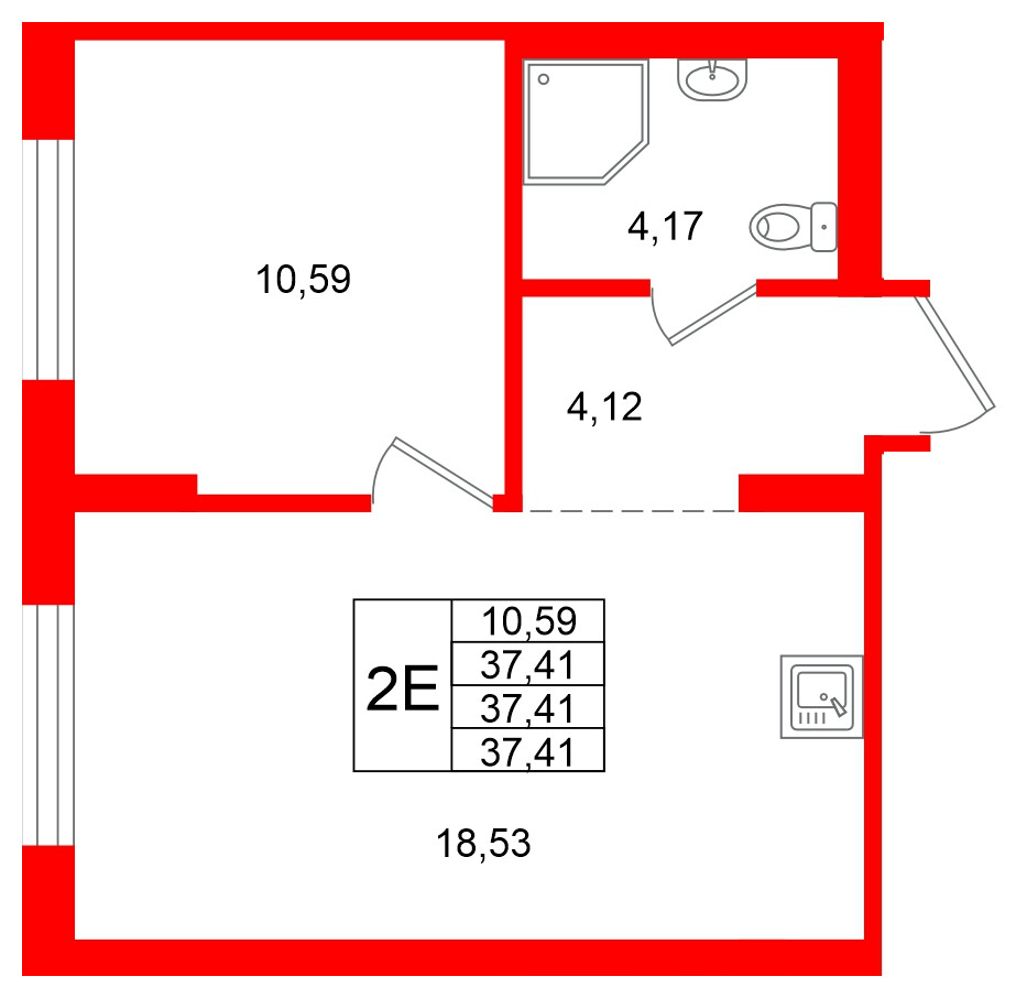 Квартира в ЖК «Брусника в Новоселье», 1 комнатная, 37.41 м², 3 этаж