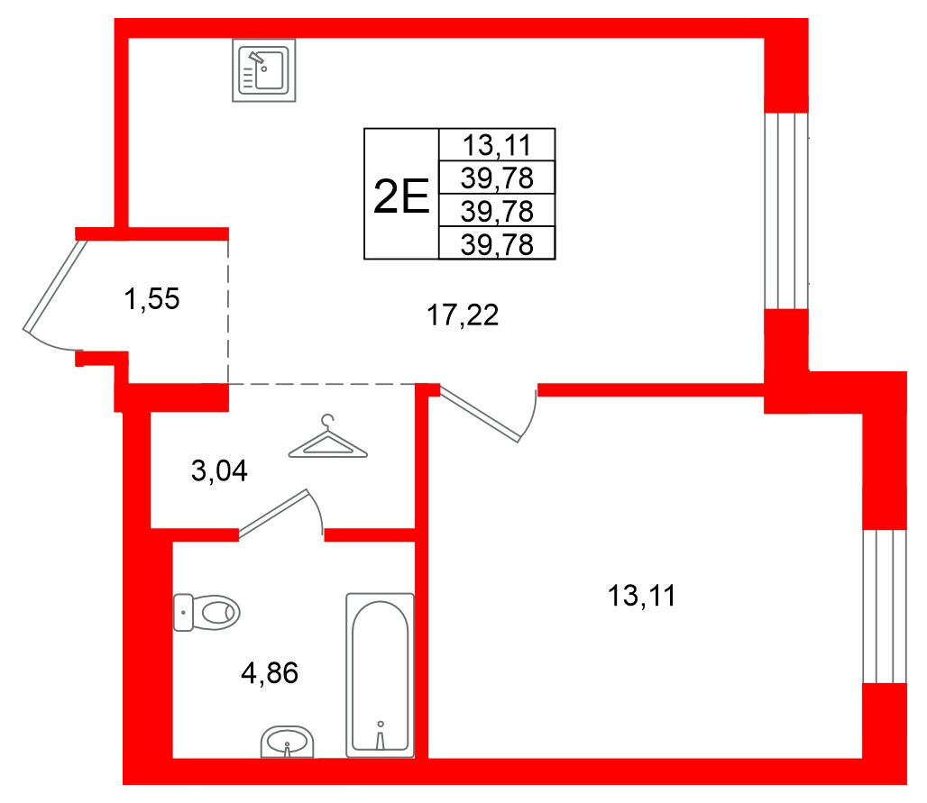 Квартира в ЖК «Брусника в Новоселье», 1 комнатная, 39.78 м², 4 этаж